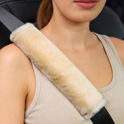 Amooca 2-Pack Soft Furry Universal Seatbelt Cover Car Shoulder Pad - color: Beige, size: 10.5in 2pack