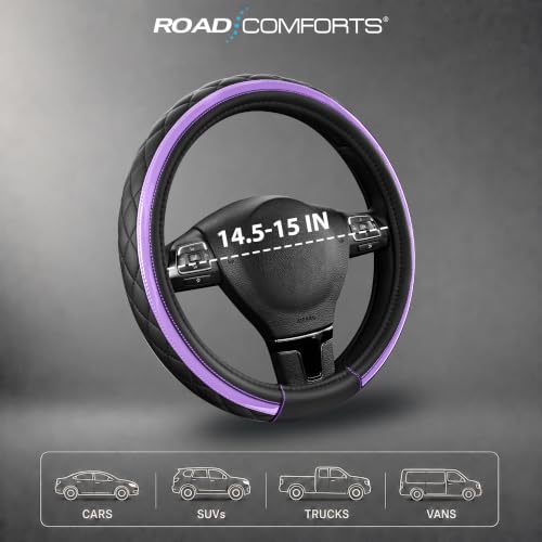 Road Comforts Leather Steering Wheel Cover – Black & Purple, Universal Fit 14.5-15 Inch, Microfiber Leather, Anti-Slip & Breathable Design for Men and Women - color: Purple