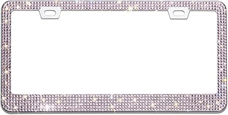 OKLPF Pink Bling License Plate Frames for Women, 2 Pack, Clear Rhinestone - color: pink