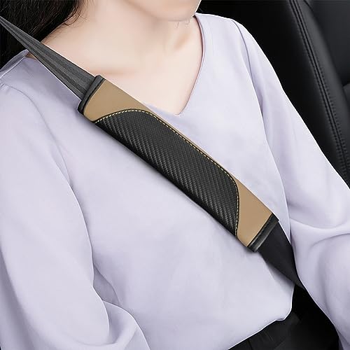 AUCELI 2PCS Carbon Fiber Car Seat Belt Cover, Breathable Leather, Beige - color: Black/Beige