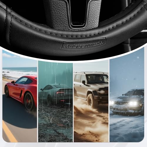 Rubbermaid Steering Wheel Cover – Universal Fit 14.5"–15" Steering Wheel Cover, Anti-Slip Grip, Breathable Leather, All-Season Protection, Interior Upgrade for Cars, Trucks, SUVs - Black - color: Black