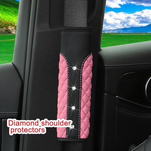 BELOMI 2PCS Bling Car Seat Belt Covers, Leather Vehicle Shoulder Pad Cushions, Sparkling Rhinestone Auto Seatbelt Strap Protective Covers for Women Girls, Universal for Most Cars(Pink) - color: Pink