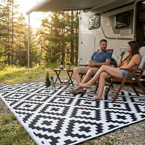 FH Home Outdoor Camping Rug - Waterproof, Fade Resistant, Reversible - Premium Recycled Plastic - Geometric - Patio, Deck, Sunroom, RV - Aztec - Black & White - 5 x 8 ft Foldable - color: Aztec - Black & White, size: 5' x 8' (Rectangular)