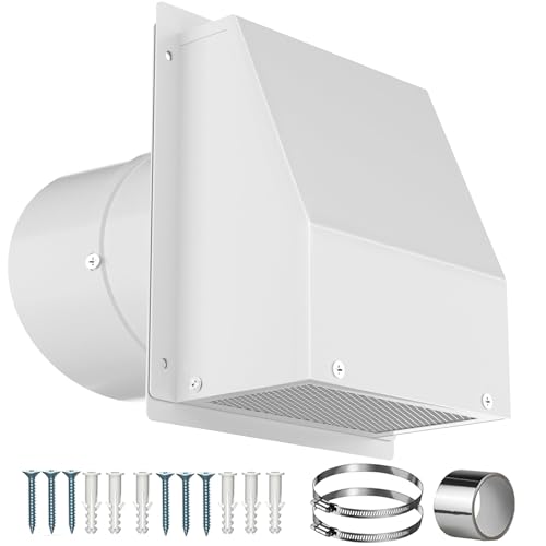 6 Inch Hooded Wall Vent with Screen and Damper, Galvanized Steel Wall Vent Cover White Metal Hood Cap Exhaust Duct Pipe Kit with Hose Clamp Aluminum Foil Tape Screw for Laundry Room Bathroom Basement - color: White, size: 6 Inch