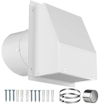 6 Inch Hooded Wall Vent with Screen and Damper, Galvanized Steel Wall Vent Cover White Metal Hood Cap Exhaust Duct Pipe Kit with Hose Clamp Aluminum Foil Tape Screw for Laundry Room Bathroom Basement - color: White, size: 6 Inch