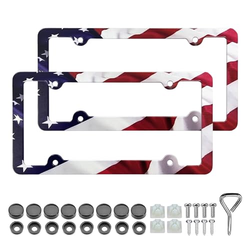 LIN KANG American Flag License Plate Frame Holder - 2 Pack Patriotic Universal Aluminum Matte Stripe US Flag Gloss Car Plate Frame Covers Accessory with 4 Holes and Screws Fasteners Caps - color: Matte American flag 4 Holes B