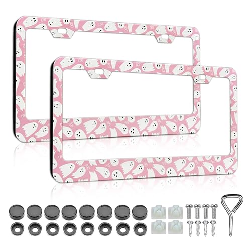 LIN KANG Pink Cute Ghost License Plate Frames for Women - 2 Pack Pink Car Plate Holder Cover Car Accessories for US Canada Standard with Free Screws Fasteners Caps, HLH-A520-PZJ - color: Pink Cute Ghost