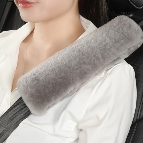 AOGELAN Fluffy Fuzzy Genuine Sheepskin Car Seat Belt Covers for Soft Auto Lambswool Seatbelt Pads, Shoulder Strap Cushion Adults Kids (2, Gray) - color: Gray