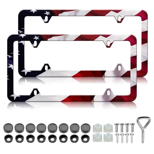 LIN KANG American Flag License Plate Frame Holder - 2 Pack Patriotic Universal Aluminum Matte Stripe US Flag Gloss Car Plate Frame Covers with 4 Holes and Screws Fasteners Caps - color: Matte American Flag 4 Holes C