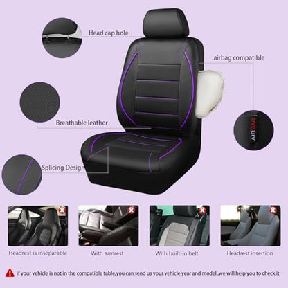 CAR PASS Universal FIT Piping Leather Two Front Seat Covers, Waterproof Faux Leather for SUV Sedan Van Truck, Airbag Compatible,Reserved Opening Holes for Headrest Covers(Black and Purple) - color: Black & Purple