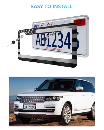 American Flag License Plate Frames, Black Patriotic Car Tag Holder 2 Pack - style: Black-Aluminum-Wide
