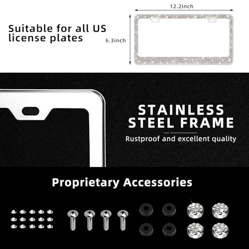 OKLPF White Bling License Plate Frames for Women, 2 Pack, Clear Rhinestone - color: white