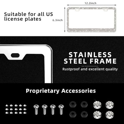 OKLPF White Bling License Plate Frames for Women, 2 Pack, Clear Rhinestone - color: white