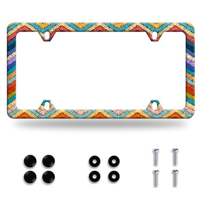 Boho License Plate Frame Stainless Steel Car Accessory 6.3x12.3 Inch - color: Colorful Boho Stripes