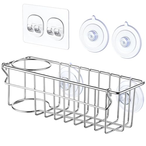 3-In-1 Sponge Holder for Kitchen Sink with Suction Cups & Adhesive Hook , In-sink Sponge Holder, Wall Hanging Sink Caddy Organizer Rack - Sponge, Dish Cloth, Brush, Scrubber - 304 Stainless Steel - color: Silver