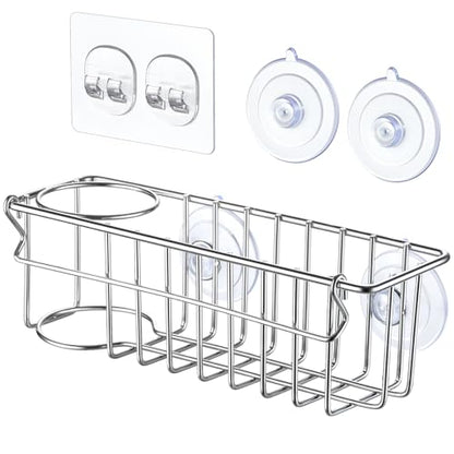 3-In-1 Sponge Holder for Kitchen Sink with Suction Cups & Adhesive Hook , In-sink Sponge Holder, Wall Hanging Sink Caddy Organizer Rack - Sponge, Dish Cloth, Brush, Scrubber - 304 Stainless Steel - color: Silver