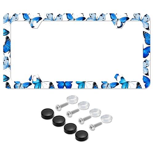 Blue Butterfly License Plate Frame Insect License Plate Holder 4 Holes - color: Blue Butterfly Print