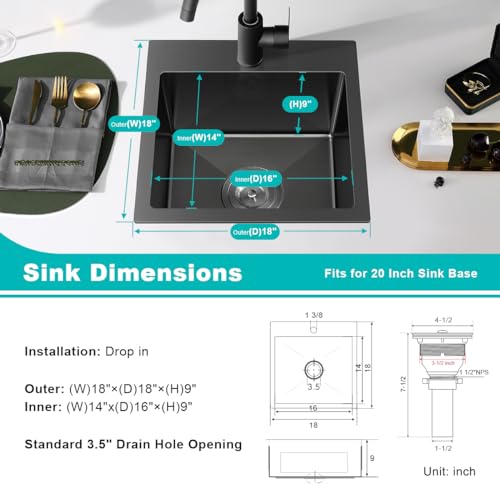 18"x18" Drop in Kitchen Sink, 304 SS Handmade Black Single Bowl - color: Black, size: D18" x W18" x H9"