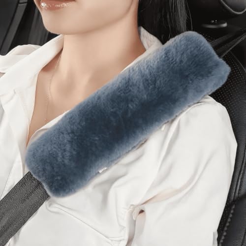AOGELAN 2 Pack Fluffy Fuzzy Genuine Sheepskin Car Seat Belt Cover Pad, Seatbelt Cushion for Soft Auto Lambswool Shoulder Strap Cushion Adults (2, Blue Grey) - color: Blue Grey