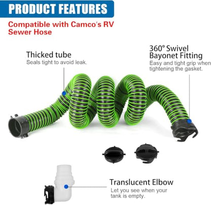 20FT RV Sewer Hose with Bayonet Fittings and 4-in-1 Adapter Elbow - color: Green, size: 20FT