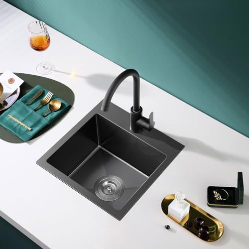 18"x18" Drop in Kitchen Sink, 304 SS Handmade Black Single Bowl - color: Black, size: D18" x W18" x H9"