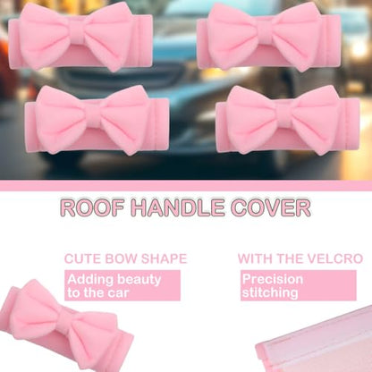 4 Pcs Cute Pink Bow Car Interior Roof Handle Covers, Anti‑Slip Anti‑Scratch Inner Front & Rear Door Pull Handle Protector, Universal Decorative Car Accessories for Most Cars, Trucks, SUVs, RVs