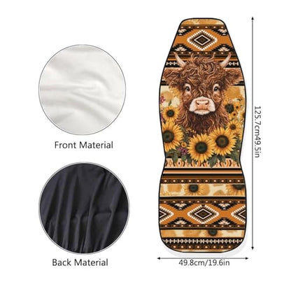 Bulopur Sunflower Highland Cow Car Seat Covers 2 Pack Soft Comfy Aztec Auto Seat Cover Washable Fabric Stretchable High Back Bucket Carseat Cover for SUV Truck Van Sedans - color: Aztec Sunflower Highland Cow Print