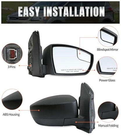 Right Passenger Side Mirror Compatible With 2013-2016 Ford Escape with Power Glass & Manual Folding & Blindspot Mirror Matte Black Replace#CJ5Z17682BA FO1321434 - size: 13-16 Escape Passenger Side