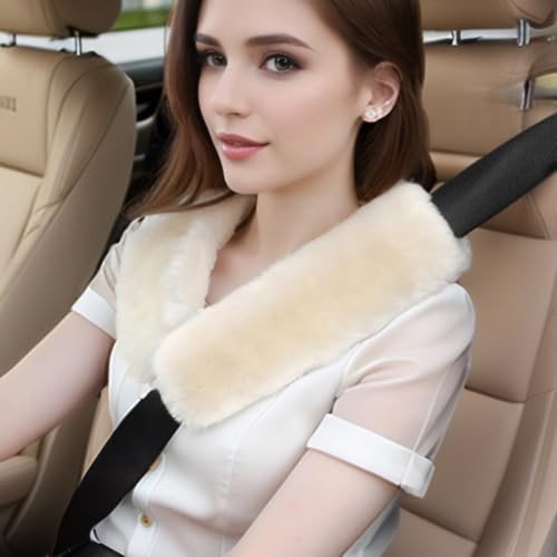 AOGELAN 2 Pack Fluffy Fuzzy Genuine Sheepskin Car Seat Belt Cover, Seatbelt Cushion for Soft Auto Lambswool Shoulder Strap Cushion Adults (2, Bamboo) - color: Bamboo