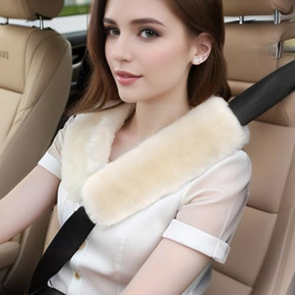 AOGELAN 2 Pack Fluffy Fuzzy Genuine Sheepskin Car Seat Belt Cover, Seatbelt Cushion for Soft Auto Lambswool Shoulder Strap Cushion Adults (2, Bamboo) - color: Bamboo
