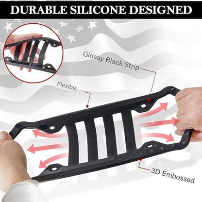 Silicone American Flag License Plate Frames - 2 Pack 3D Stars and Stripes Patriotic Gloss USA Flag Front Rear License Plate Holder with 4 Flag Tire Valve Caps and Screws Black Rustproof Auto Parts - color: Silicone American Flag