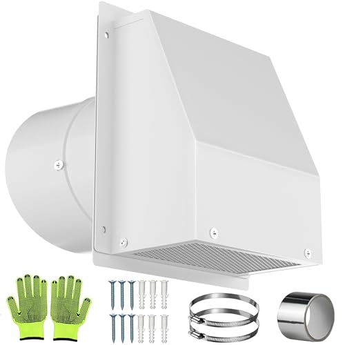 4 Inch Dryer Vent Cover Outside, Wall Vent Cover Exterior Dryer Vent Cover Galvanized Steel Hooded Wall Vent with Screen and Damper White Air Exhaust Duct Outlet Cap for Outdoor Home Laundry Room - color: White, size: 4 Inch