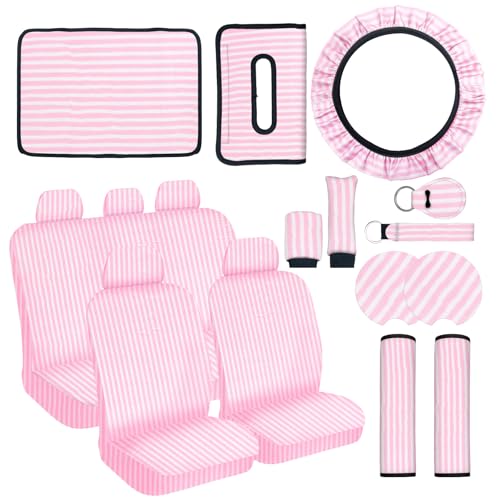 Stripe Car Seat Cover Full Set,Stripe Steering Wheel Cover Suitable for Universal Car Accessories Interior Set,Suitable for Sedans,SUVs - color: Pink&White