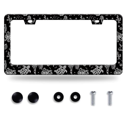 Turtles Print License Plate Frame Stainless Steel Car Accessory 6.3x12.3In - color: Black White Ocean Animal Turtles