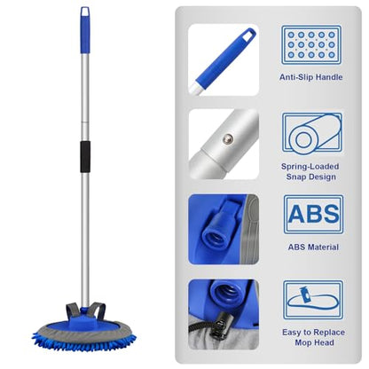 anngrowy 62" Microfiber Car Wash Brush with Long Handle Car Washing Mop Kit Mitt Sponge Car Cleaning Supplies Kit Duster RV Washing Car Brush Accessories, 1 Chenille Scratch-Free Replacement Head - color: Blue