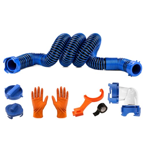 10 FT RV Sewer Hose Kit: Female to Female Heavy Duty Camper Waste Hose with Leak-Proof Swivel Fittings, 90° Clear Elbow, 4-in-1 Adapter, TPE Tech for Crush-Proof and UV-Resistant (Blue) - size: 10FT (Female to Female)