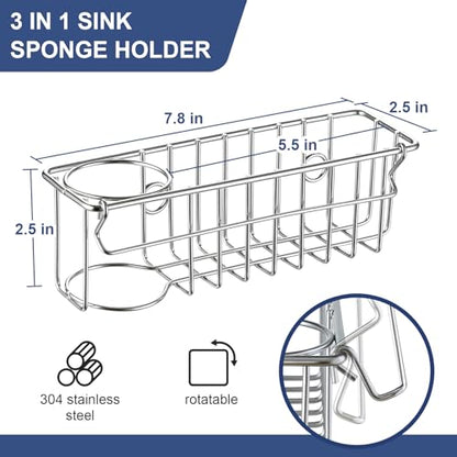 3-In-1 Sponge Holder for Kitchen Sink with Suction Cups & Adhesive Hook , In-sink Sponge Holder, Wall Hanging Sink Caddy Organizer Rack - Sponge, Dish Cloth, Brush, Scrubber - 304 Stainless Steel - color: Silver
