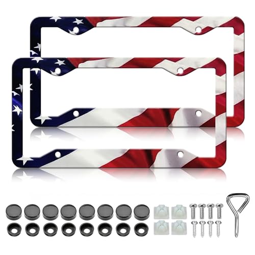 American Flag License Plate Frame Holder - 2 Pack Patriotic Universal Aluminum US Flag Car Plate Frame Covers Accessory with 4 Holes Screws Fasteners Caps - color: Matte American flag 4 Holes F