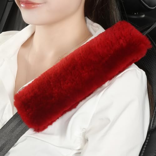 AOGELAN Fluffy Fuzzy Genuine Sheepskin Car Seat Belt Covers for Soft Auto Lambswool Seatbelt Pads, Shoulder Strap Cushion Adults Kids (2, Red) - color: Red