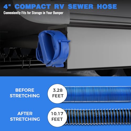 10 FT RV Sewer Hose Kit: Female to Female Heavy Duty Camper Waste Hose with Leak-Proof Swivel Fittings, 90° Clear Elbow, 4-in-1 Adapter, TPE Tech for Crush-Proof and UV-Resistant (Blue) - size: 10FT (Female to Female)