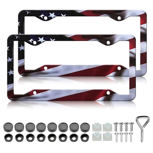 American Flag License Plate Frames - 2 Pack Patriotic Matte Stripe US Flag Gloss License Plate Frame Holder Car Plate Frame Covers with 4 Holes Screws Fasteners Caps for Standard US 12x6 Inch - color: Matte American flag 4 Holes E