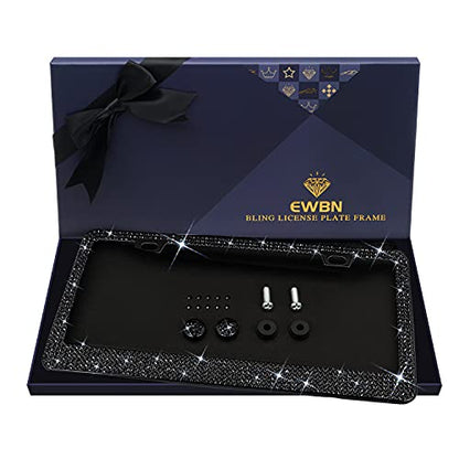 Bling Rhinestone License Plate Frame for Women，Diamond Sparkly Frames| Stainless Steel Frames & Over 1200 pcs Finest 14 Facets Black Glass Crystals Premium Diamond+GiftBox(Black) - color: BLACK