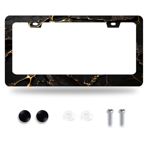 Marble Print License Plate Frame Stainless Steel Car Accessory 6.3x12.3Inch - color: Black Gold Marble Pattern