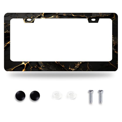 Marble Print License Plate Frame Stainless Steel Car Accessory 6.3x12.3Inch - color: Black Gold Marble Pattern
