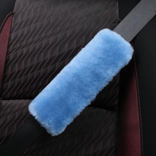 AOGELAN 2 Pack Fluffy Fuzzy Genuine Sheepskin Car Seat Belt Cover Pad Blue - color: Blue