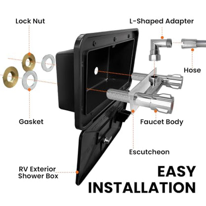 RV Exterior Shower Box Kit with Lock, Outdoor Camper Shower Station, Metal Hot Cold Faucet, 59" Hose, 360° Swivel Adapter, UV Resistant Replacement Shower for Travel Trailer, Motorhome & Boat