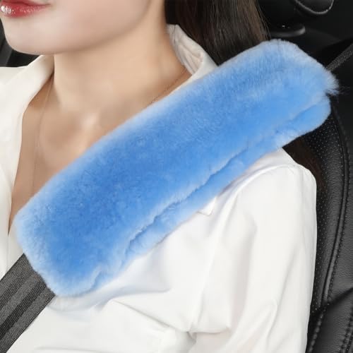 AOGELAN 2 Pack Fluffy Fuzzy Genuine Sheepskin Car Seat Belt Cover Pad Blue - color: Blue