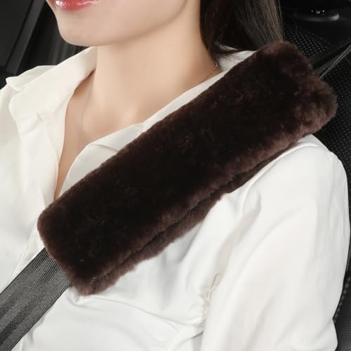 AOGELAN Fluffy Fuzzy Genuine Sheepskin Car Seat Belt Covers for Soft Auto Lambswool Seatbelt Pads, Shoulder Strap Cushion Adults Kids (2, Brown) - color: Brown
