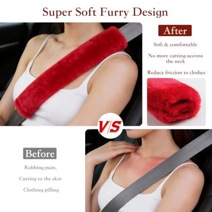 Amooca 2-Pack Soft Furry Universal Seatbelt Cover Car Shoulder Pad - color: Red, size: 10.5in 2pack