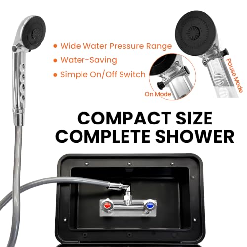 RV Exterior Shower Box Kit with Lock, Outdoor Camper Shower Station, Metal Hot Cold Faucet, 59" Hose, 360° Swivel Adapter, UV Resistant Replacement Shower for Travel Trailer, Motorhome & Boat